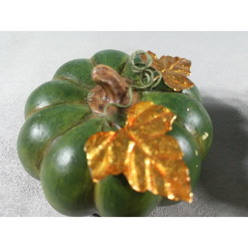 Green Resin Pumpkins and Glitter Mesh Leaf Clips Fall Harvest Decor Set of 4